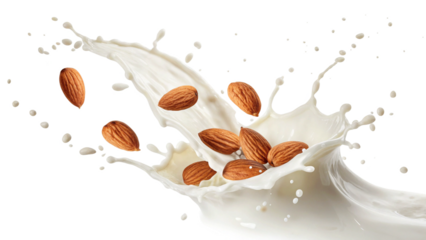 Milk splash with almonds isolated on transparent background