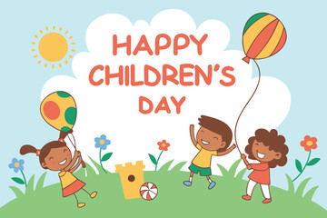 Obraz premium Colorful vector illustration celebrating Children's Day with joyful children playing and smiling together. 
