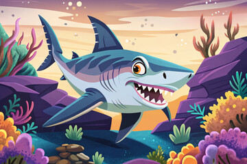 Fototapeta premium Hammerhead shark patrolling coral reef waters, unique head shape, deep sea hunter wallpaper cartoon