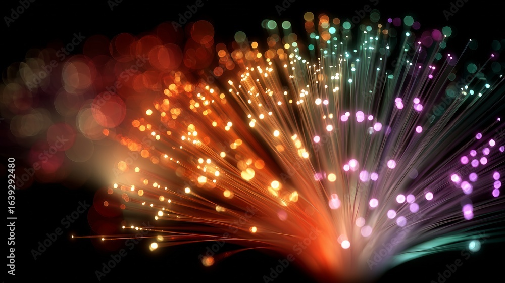 Poster fiber optic cables transmitting data create a colorful bokeh effect on a black background