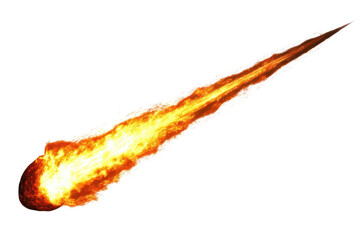 Bright flaming meteor streaking across the night sky with glowing molten tail over the distant horizon