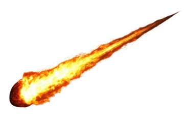 Bright flaming meteor streaking across the night sky with glowing molten tail over the distant horizon