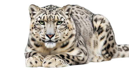 Obraz premium Snow leopard sitting calmly with detailed fur texture, isolated on white background