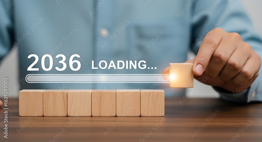 Poster visualizing the future: a conceptual image of progress towards the year of loading wooden blocks