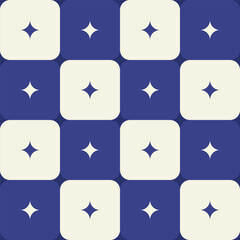 Geometric blue and white tile seamless pattern, soft shapes, four pointed stars. Vector background