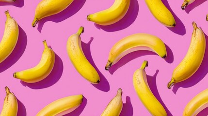 Fototapeta premium Bright banana pattern on vibrant pink background showcasing freshness and color diversity in fruit design