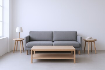Modern Living Room Furniture Arrangement Featuring a Gray Sofa, Wooden Coffee Table, and Side Tables with Lamp and Books