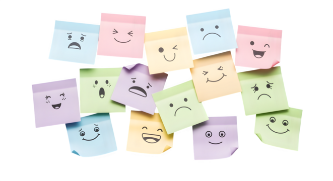 Soft pastel sticky notes with doodle faces, isolated on white background