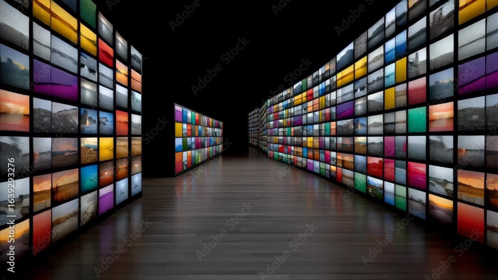 Poster digital gallery showcasing vibrant images displayed on multiple screens, creating an immersive visua