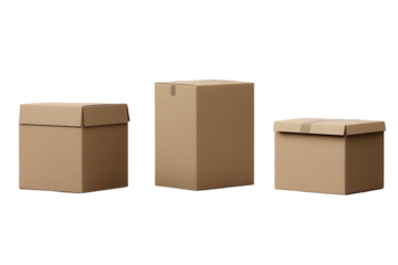Collection of cardboard boxes arranged on a transparent background showcasing various sizes and shapes for packaging and storage solutions