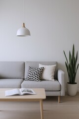 Serene Living Room Scene Featuring a Modern Gray Sofa, Stylish Pillows, and a Wooden Coffee Table with an Open Book