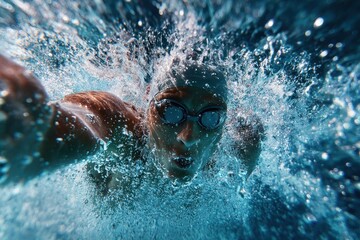 Dynamic swimmer creates a vibrant splash in a blue pool during an afternoon training session for competitive swimming