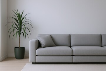 Fototapeta premium Comfortable Modern Grey Sofa with a Tall Green Potted Plant in a Minimalist Living Room Setting