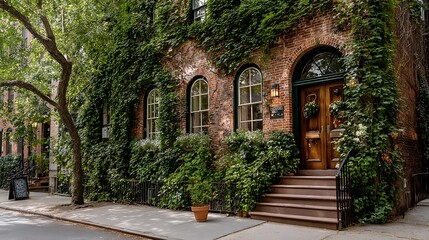 Fototapeta premium Charming Brick Building Entrance Covered in Lush Green Ivy and Foliage