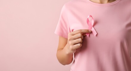 A person in a pink shirt holds a symbolic pink ribbon on their chest for breast cancer awareness month, showing support and hope.
