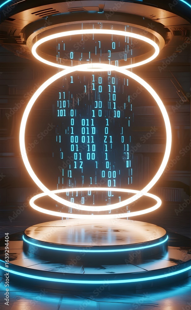 Poster futuristic binary code with neon rings
