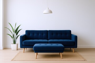 Modern Living Room Interior Featuring a Plush Blue Tufted Sofa and Ottoman on a Natural Fiber Rug with a Pendant Light