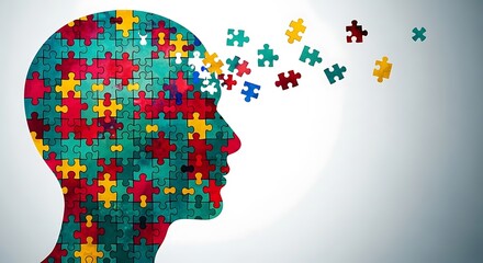 A silhouette of a human head formed by multicolored puzzle pieces with some pieces scattering