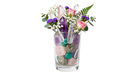 Tumbler cup with crystals and flowers inside, isolated on white background