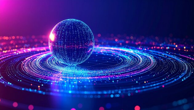 Luminous digital sphere at the center of a swirling vortex of data streams, representing futuristic technology and cyberspace.