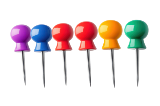 Collection of six colorful push pins arranged in a straight line isolated on a transparent background for office and craft use