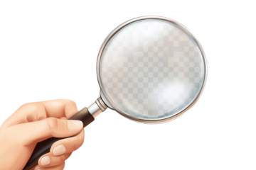 Hand holding a magnifying glass to examine details with a clear focus in an isolated setting on a transparent background