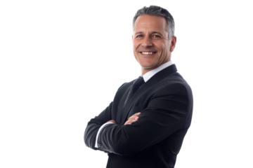 Confident middle-aged businessman standing with arms crossed, showcasing professionalism in a studio setting with neutral background and warm smile