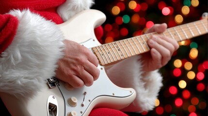 A man in a Santa suit is playing a guitar