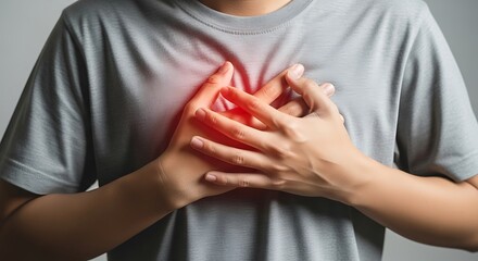Chest pain depicted by persons hands clutching chest area with red highlights