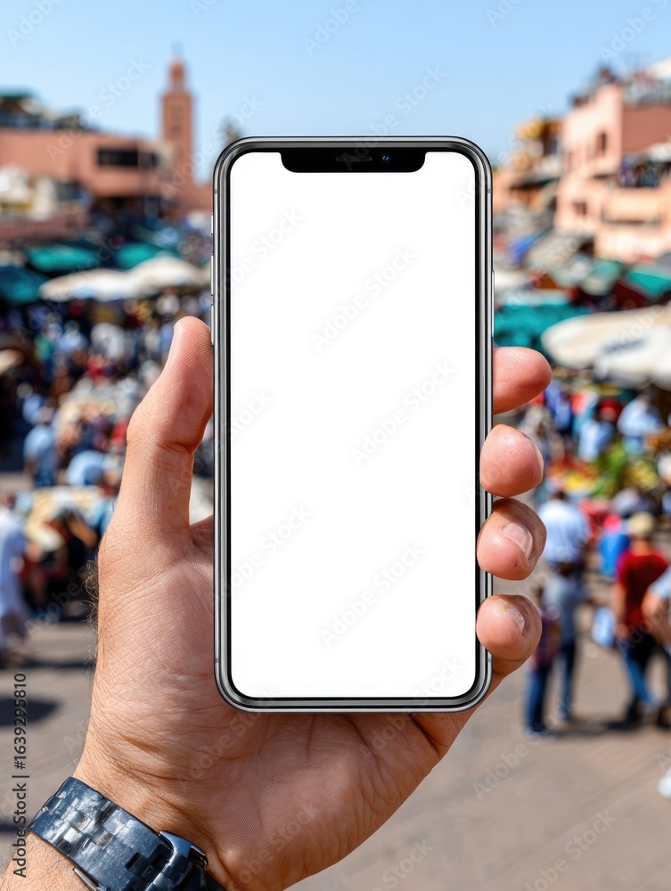Poster smart device display: a hand holds a smart device with a blank screen, set against the backdrop of a