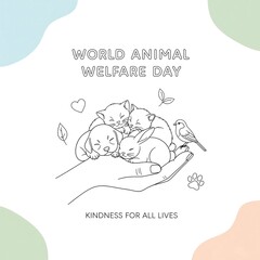 World animal day drawing of animals in a hand with hearts and text promoting animal welfare