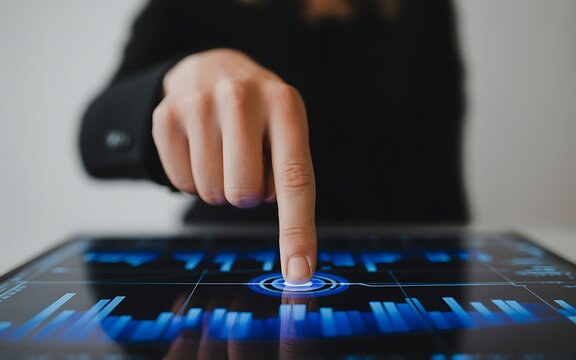 Business professional touching futuristic digital interface with finger symbolizing innovation and technological advancement in business operations and financial analysis