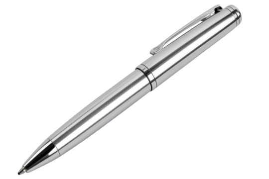 Sleek Silver Metallic Ballpoint Pen with Clip, isolated on a transparent background