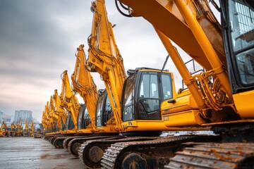 Fleet of yellow construction machines lined up under overcast sky at construction site showcasing heavy equipment readiness