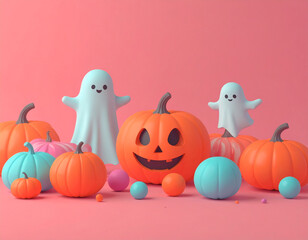 Cute halloween-themed 3d pumpkins and ghosts in pastel colors whimsical scene festive spirit playful atmosphere