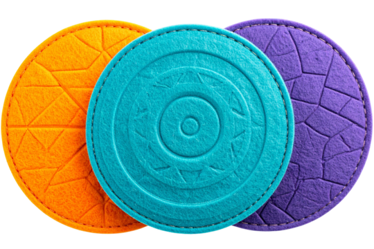 Set of Three Colorful Felt Coasters with Geometric Patterns, isolated on a transparent background
