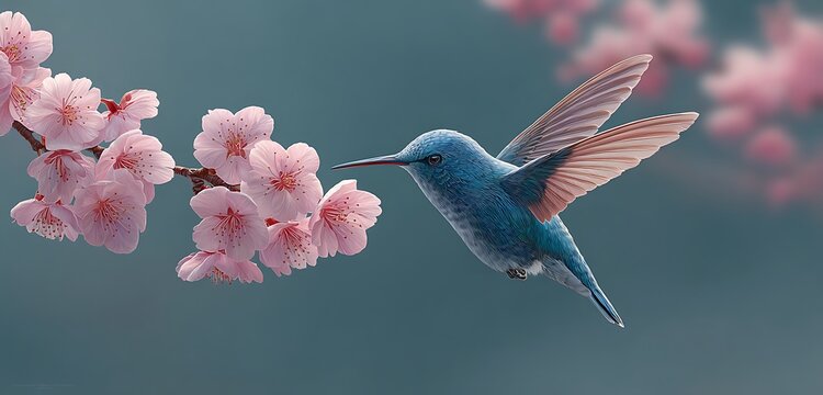 Shimmering hummingbird feeding from blossoms touched by soft evening glow - Powered by Adobe
