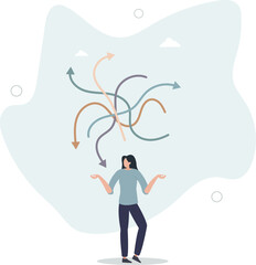 Decision fatigue and tired female with confusion struggle . Doubt and frustration with burnout signs .human life.