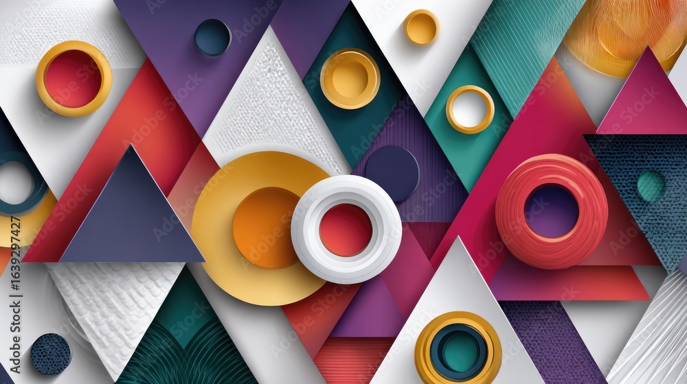 Poster geometric abstraction: a vibrant geometric composition, boasting colorful triangular and circular fo
