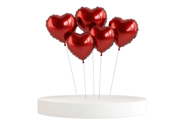 Decorative podium with five vibrant red heart-shaped helium balloons for a romantic celebration during Valentine's Day festivities