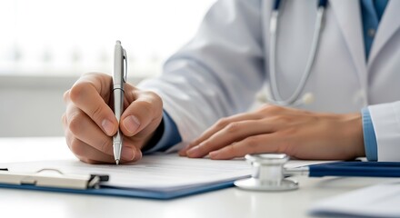 Doctor writing on a paper with a stethoscope on the table