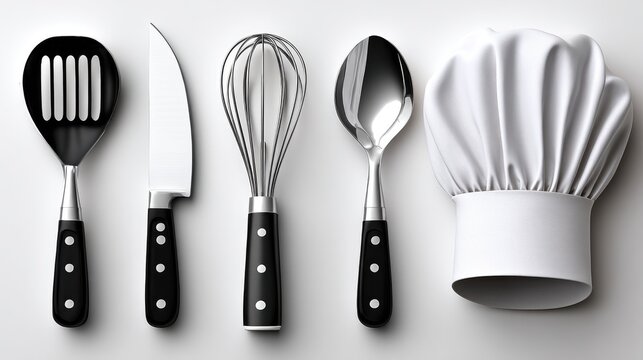 Culinary Essentials Display: A pristine collection of chef's tools, showcasing a slotted spatula, sharp knife, whisk, spoon, and traditional hat.