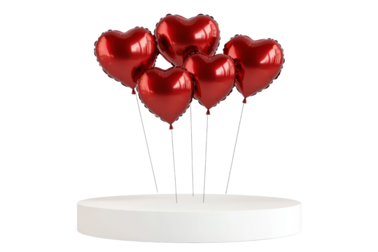Decorative podium with five vibrant red heart-shaped helium balloons for a romantic celebration during Valentine's Day festivities - Powered by Adobe