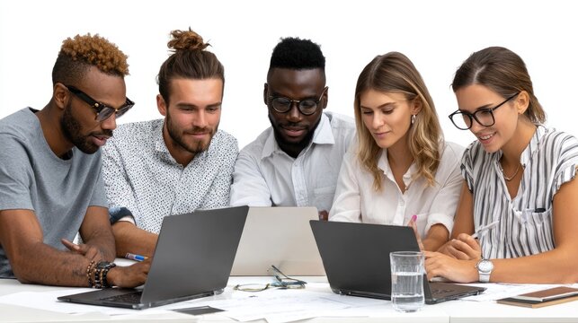 Focused Collaboration: A diverse group of colleagues intently engaged in a team meeting around laptops, signifying collaborative spirit and technological integration. - Powered by Adobe
