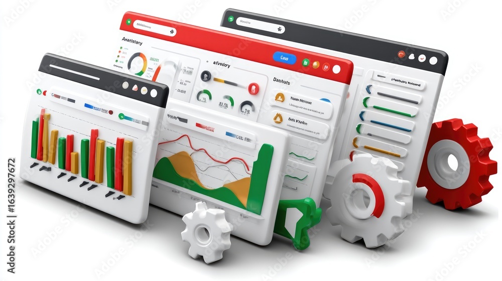 Poster digital dashboard & gears: a captivating, illustrative view of analytical dashboards and gears, repr
