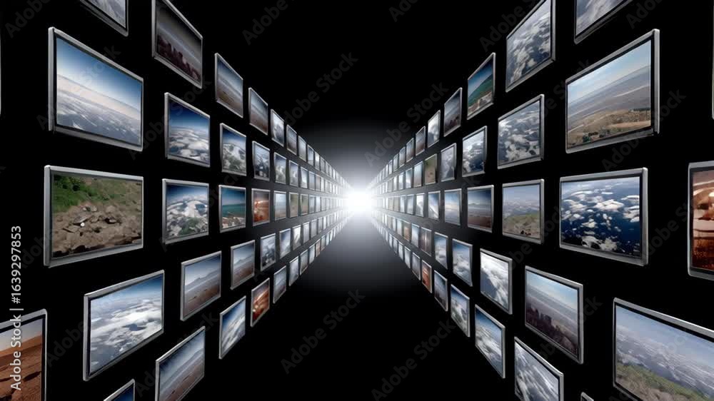 Poster digital collage of multiple photo frames displaying various landscapes and cloud formations, creatin
