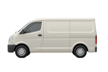 White delivery van parked on transparent background in a neutral setting with no distractions to focus on the vehicle's design and function