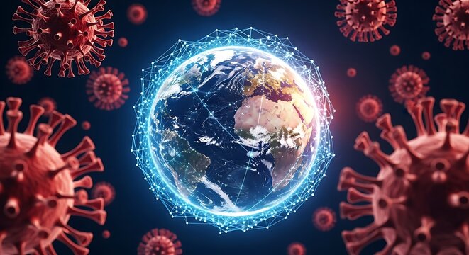 Earth enveloped in a digital network amidst virus particles