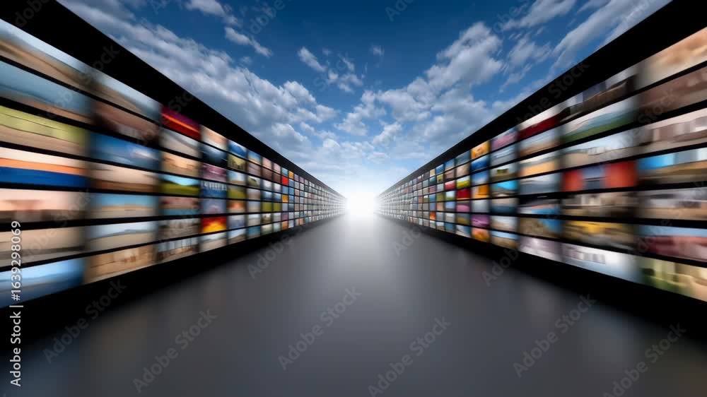 Poster digital gallery showcasing a vibrant array of images displayed on screens, creating a visually stunn