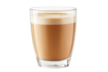 Delicious cup of latte with layered foam and rich color served in a transparent glass on a simple background ideal for cafe scenes